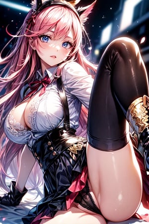 (plays the character Watalidaoli Simca in air gear), 1 girl, solo, smile, perfect face, make-up, stick out tongue, excited face, blush, big breasts, no underwear, black panties exposed, long pink hair, perfect ass, sexy suspender black stockings, wearing white Japanese high school uniform, fingerless gloves, wearing boots, hands near waist, goggles on head, sexy pose, (Best quality, masterpiece, realistic, highly detailed ), ahegao face,
