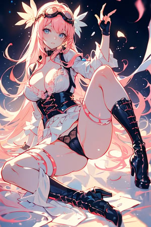 (plays the character Watalidaoli Simca in air gear), 1 girl, solo, smile, perfect face, make-up, stick out tongue, excited face, blush, big breasts, no underwear, black panties exposed, long pink hair, perfect ass, sexy suspender black stockings, wearing white Japanese high school uniform, fingerless gloves, wearing boots, hands near waist, goggles on head, sexy pose, full_body(Best quality, masterpiece, realistic, highly detailed ), 
,spread leg,
