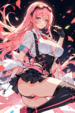 (plays the character Watalidaoli Simca in air gear), 1 girl, solo, smile, perfect face, make-up, stick out tongue, excited face, blush, big breasts, no underwear, black panties exposed, long pink hair, perfect ass, sexy suspender black stockings, wearing white Japanese high school uniform, fingerless gloves, wearing boots, hands near waist, goggles on head, sexy pose, full_body(Best quality, masterpiece, realistic, highly detailed ), 
,spread legs,straddle split,