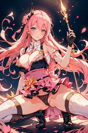 (plays the character Watalidaoli Simca in air gear), 1 girl, solo, smile, perfect face, make-up, stick out tongue, excited face, blush, big breasts, no underwear, black panties exposed, long pink hair, perfect ass, sexy suspender black stockings, wearing white Japanese high school uniform, fingerless gloves, wearing boots, hands near waist, goggles on head, sexy pose, full_body(Best quality, masterpiece, realistic, highly detailed ), 
 ,More Detail,spread legs