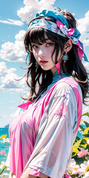 1 girl, long hair styling, smile, flat bangs, brown hair, green eyes, short sleeves, outdoor, sky, day, bow tie, blue sky and white clouds, maid, maid headwear, V-neck clothing, pink ocean, blue bow, real life picture, pink red lips,Crazy face ,HeadpatPOV,More Detail
