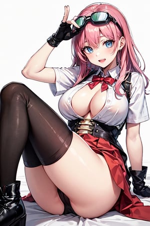 (plays the character Watalidaoli Simca in air gear), 1girl, solo, smile, perfect face, make-up, stick out tongue, excited face, blush, big breasts, no underwear, black panties exposed, long pink hair, perfect ass, sexy suspender black stockings, wearing white Japanese high school uniform, fingerless gloves, wearing boots, hands near waist, goggles on head, sexy pose, (Best quality, masterpiece, realistic, highly detailed ), 