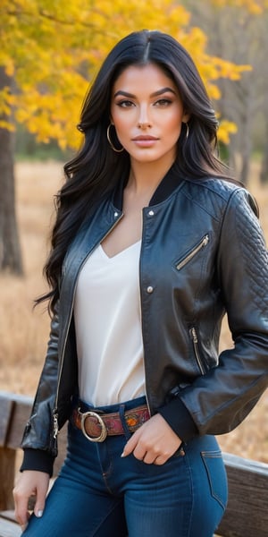 Generate hyper realistic image of a woman with long, flowing black hair, gazing directly at the viewer with captivating lips. She wears a stylish jacket with long sleeves, her multicolored hair adding a vibrant touch to the outdoor setting. Positioned in a classic cowboy shot, she stands confidently amidst nature, clad in pants and carrying a fashionable handbag. Nearby, a rustic bench