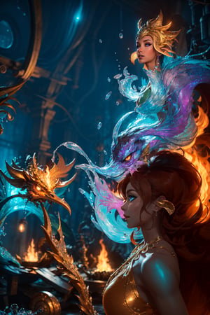 Beautiful female fire elemental dancing together with a handsome male water elemental, epic fantasy background, anime, Cinematic Lighting, ethereal light, intricate details, extremely detailed, incredible details, full colored, complex details, insanely detailed and intricate, hypermaximalist, extremely detailed with rich colors, desktop_background, masterpiece, Representative, fair skin, Rich in details, High quality, gorgeous, glamorous, 8k, super detail, gorgeous light and shadow, detailed decoration, detailed lines,AzariFiredancer