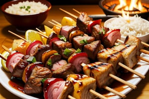 Lamb Skewers: Fresh slices of lamb threaded onto bamboo skewers, grilled to perfection until golden brown, juicy, and flavorful, served with spices and sauce.