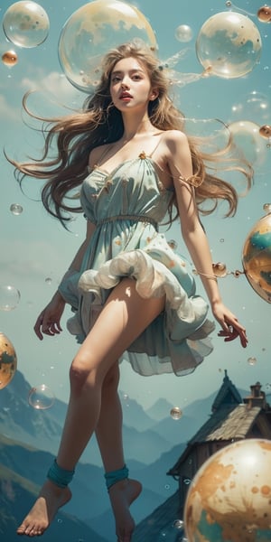Realistic fantasy, High quality, Ultra Realistic,HDR,8K, High resolution, potrait photography, masterpiece, insanely detail, very detailed face and body, 1girl, ((full body floating in sky)), flowy dress, ((floating color bubbles)), colorful, short_skirt,sky, stars, celestial body, planets far away, atmosphere, (dreamy world:1.4), cinematic shot, low angle shot, High contrast, smooth,Detailedface,perfecteyes,(FFIXBG:1.2),Circle,davincitech