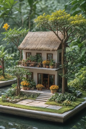 outdoors, food, day, tree, no humans, plant, scenery, basket, potted plant, house,diorama