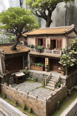 outdoors, food, day, tree, no humans, plant, scenery, basket, potted plant, house,diorama,gugong