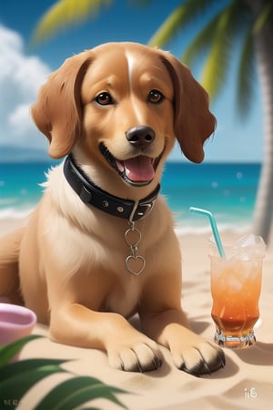 looking at viewer, open mouth, brown eyes, flower, outdoors, sky, day, water, blurry, collar, tree, cup, blue sky, no humans, depth of field, ocean, animal, fangs, beach, towel, drinking glass, dog, realistic, sand, drink, palm tree, animal focus,portraitart,DonMW15pXL, in the style of esao andrews