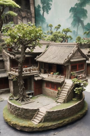 Exteriels , food, day, tree, no humans, plant, scenery, basket, potted plant, house,diorama,gugong