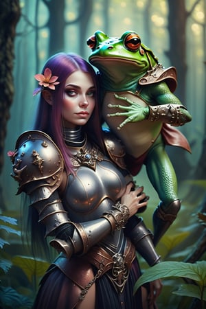 Beautiful Lady sorceress hugging with anthropomorphic graceful frog knight in heavy armor in the fantasy mushroom forest. 