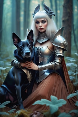 Beautiful Lady sorceress hugging with anthropomorphic graceful dog knight in heavy armor in the fantasy mushroom forest. 