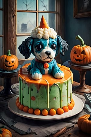 Cake dog ,photography, best quality, medium shot,BugCraft,brccl,stworki,halloween,comic book