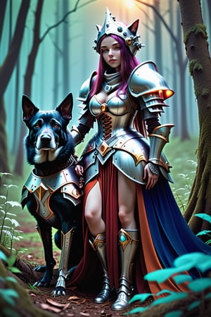 Beautiful Lady sorceress hugging with anthropomorphic graceful dog knight in heavy armor in the fantasy mushroom forest. ,BugCraft