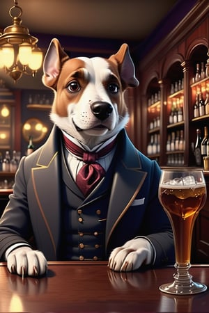 Furry animal cute cartoon style animation. Dog gentleman drinking in the victorian bar. 