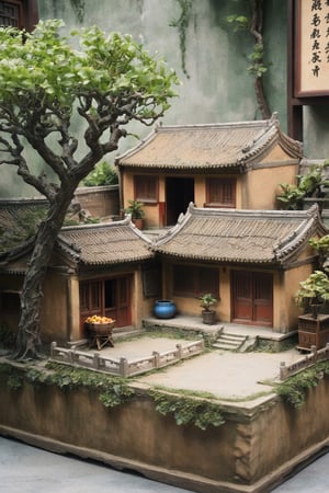 Exteriels , food, day, tree, no humans, plant, scenery, basket, potted plant, house,diorama,gugong