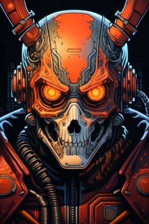 a close up symmetrical portrait of a cyberpunk gangster, biomechanical, mshn robot, splashes of orange red, hyper realistic, intricate design, (insanely detailed:1.4), (extremely fine details:1.35), Extremely sharp lines, steel, cinematic lighting, Photorealistic, a detailed painting by Ayami Kojima and Lilia Alvarado, (best quality, high quality, absurdres, intricate detail, masterpiece, cinematic), highly detailed, motion blur, film grain, noise, lens effects,ghostrider,leviathandef