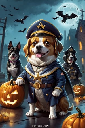 Amazing captain dogs and cute crews ,photography, best quality, medium shot,BugCraft,brccl,stworki,halloween,comic book