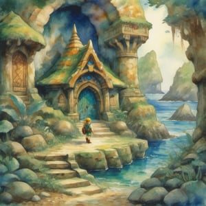 Watercolor art, masterpiece, The legend of Zelda reference, Link exploring the entrance of a hidden temple in the form of a giant seashell, mysterious seashore landscape, detailed landscape, iridescent accents, (outdoor scene), fishs, stunning view,watercolor \(medium\)