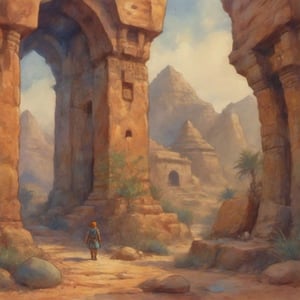 Watercolor art, masterpiece, The legend of Zelda reference, Link wandering near a ancient rock-cut temple in gerudo valley, desert canyon landscape, detailed landscape, red rock and sand elements, Arab lamps, (outdoor scene), stone creatures, stunning view,watercolor \(medium\)