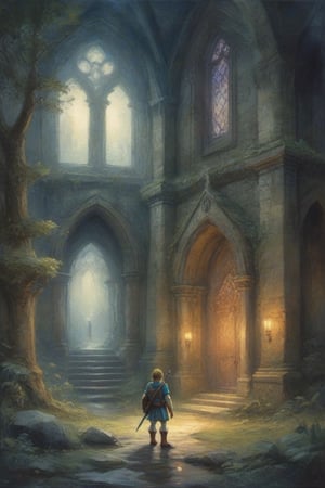 Watercolor art, masterpiece, The legend of Zelda reference, Link wandering in a abandoned cathedral in a misty and dark forest (at night), detailed landscape, (outdoor scene), stone creatures, stunning view,watercolor \(medium\)