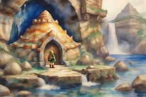Watercolor art, masterpiece, The legend of Zelda reference, 1 young male (Link) wandering into the entrance of a hidden temple in the form of a giant seashell in the heart of waterfalls, landscape, detailed landscape, iridescent accents, mineral aesthetic, (outdoor scene), fishs, stunning view,watercolor \(medium\)