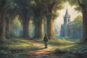 Watercolor art, masterpiece, The legend of Zelda reference, Link wandering in a abandoned cathedral in a vivid and dark forest, detailed landscape, (outdoor scene), stunning view, ,watercolor \(medium\)