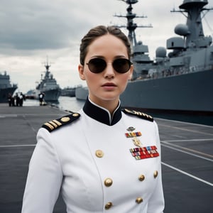 photograph by Annie Leibovitz, face of jennifer lawrence, dark eyes, brunette bun hair , full lips, in a Navy Officer white uniform and sunglasses poses for a future fashion show, she stands on the dockyard with naval ships behind her, clean background, head turned slightly to one side, staring at the viewe, dark, moody, surreal, futurism, figurative and abstract forms highly impact perspective