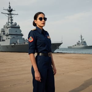 photograph by Annie Leibovitz. image of 25 year old, dark eyes, brunette bun hair , full lips, in a Indian Navy Officer uniform and sunglasses poses for a future fashion show, she stands on the beach with naval ships at eastern ghats behind her, clean background, head turned slightly to one side, staring at the viewe, dark, moody, surreal, futurism, figurative and abstract forms highly impact perspective