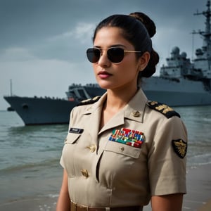 photograph by Annie Leibovitz. image of 25 year old, dark eyes, brunette bun hair , full lips, in a Indian Navy Officer uniform and sunglasses poses for a future fashion show, she stands on the beach with naval ships at eastern ghats behind her, clean background, head turned slightly to one side, staring at the viewe, dark, moody, surreal, futurism, figurative and abstract forms highly impact perspective