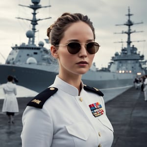 photograph by Annie Leibovitz, face of jennifer lawrence, dark eyes, brunette bun hair , full lips, in a Officer white uniform and sunglasses poses for a future fashion show, she stands on the dockyard with naval ships behind her, clean background, head turned slightly to one side, staring at the viewe, dark, moody, surreal, futurism, figurative and abstract forms highly impact perspective