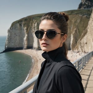 photograph by Annie Leibovitz. image of GIGA HADID, dark eyes, brunette hair pulled back, full lips, in a black vest and black trousers and sunglasses poses for a future fashion show, she stands on the beach with modern Ships at cliffs of dover behind her, clean background, head turned slightly to one side, staring at the viewe, dark, moody, surreal, futurism, figurative and abstract forms highly impact perspective