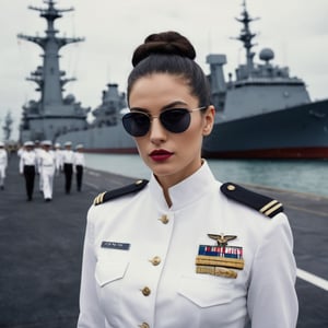 photograph by Annie Leibovitz, dark eyes, brunette bun hair , full lips, in a Navy Officer white uniform and sunglasses poses for a future fashion show, she stands on the dockyard with naval ships behind her, clean background, head turned slightly to one side, staring at the viewe, dark, moody, surreal, futurism, figurative and abstract forms highly impact perspective
