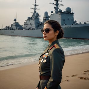 photograph by Annie Leibovitz. image of 25 year old girl, dark eyes, brunette hair pulled back, full lips, in a Indian Naval uniform and sunglasses poses for a future fashion show, she stands on the beach with naval ships at eastern ghats behind her, clean background, head turned slightly to one side, staring at the viewe, dark, moody, surreal, futurism, figurative and abstract forms highly impact perspective