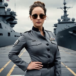photograph by Annie Leibovitz, face of jennifer lawrence, dark eyes, brunette bun hair , full lips, in a Officer grey camoflague uniform and sunglasses poses for a future fashion show, she stands on the dockyard with naval ships behind her, clean background, head turned slightly to one side, staring at the viewe, dark, moody, surreal, futurism, figurative and abstract forms highly impact perspective