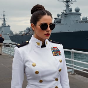 photograph by Annie Leibovitz, dark eyes, brunette bun hair , full lips, in a Navy Officer white uniform and sunglasses poses for a future fashion show, she stands on the dockyard with naval ships behind her, clean background, head turned slightly to one side, staring at the viewe, dark, moody, surreal, futurism, figurative and abstract forms highly impact perspective