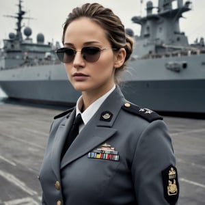 photograph by Annie Leibovitz, face of jennifer lawrence, dark eyes, brunette bun hair , full lips, in a Officer grey camoflague uniform and sunglasses poses for a future fashion show, she stands on the dockyard with naval ships behind her, clean background, head turned slightly to one side, staring at the viewe, dark, moody, surreal, futurism, figurative and abstract forms highly impact perspective