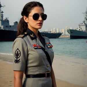 photograph by Annie Leibovitz. image of 25 year old girl, dark eyes, brunette hair pulled back, full lips, in a Indian Naval uniform and sunglasses poses for a future fashion show, she stands on the beach with naval ships at eastern ghats behind her, clean background, head turned slightly to one side, staring at the viewe, dark, moody, surreal, futurism, figurative and abstract forms highly impact perspective