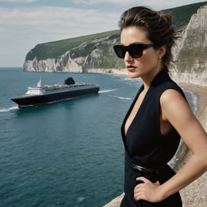 photograph by Annie Leibovitz. image of GIGA HADID, dark eyes, brunette hair pulled back, full lips, in a black vest and black trousers and sunglasses poses for a future fashion show, she stands on the beach with modern Ships at cliffs of dover behind her, clean background, head turned slightly to one side, staring at the viewe, dark, moody, surreal, futurism, figurative and abstract forms highly impact perspective