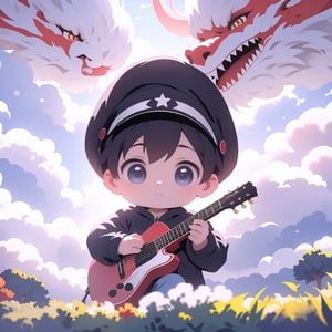 boy, A Child standing in a park and playing guitar, portrait , lush atmosphere , abstract clouds, high quality , 4k , warm light,dragonbaby,black_hair,black-eyes,black cap.