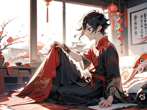 .52 gal (splatoon),1boy,black hair,black eyes ,creating music in him own room which is full of sun light and inshtrument,black cloth a little red cloth on his arm,chinese style.