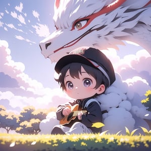 boy, A Child sitting on bench in a park and playing guitar, portrait , lush atmosphere , abstract clouds, high quality , 4k , warm light,dragonbaby,black_hair,black-eyes,black cap.