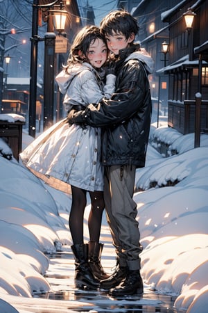 1boy and 1girl,Siblings, in the snow nigjt,10 years old ,hug,full_body,city,streat lamp,falling_snow,snow,snowflakes,the boy is very clever,the girl is brave,The boy picked up the girl,the girl's feet leave ground,face to  face,