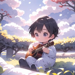 boy, A Child sitting on bench in a park and playing guitar, portrait , lush atmosphere , abstract clouds, high quality , 4k , warm light,dragonbaby,black_hair,black-eyes.