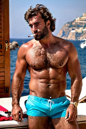 A handsome mediterranean hairy chested fit hunk smoking a cigarette, shirtless, HairyAlpha, hairy-chested, hairy arms, hairy body, hairy legs, masculine, muscled, tanned skin, swimwear