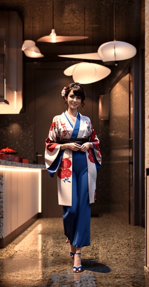 woman, decent, kimono, elegant, nice smile,masterpiece, cinematic lighting, indoors, 3d separation, volumetric lighting, elegant feminine pose, 5 fingers hand,Wabisabi