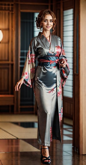woman, decent, kimono, elegant, nice smile,masterpiece, cinematic lighting, indoors, 3d separation, volumetric lighting, elegant feminine pose, 5 fingers hand,