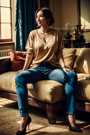 40 years old woman, decent,  casual clothes with pants, elegant, nice smile,masterpiece, cinematic lighting, indoors, elegant feminine pose, 5 fingers hand