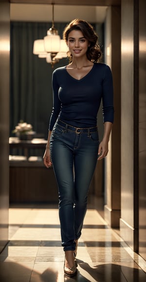 40 years old woman, decent,  casual clothes with pants, elegant, nice smile,masterpiece, cinematic lighting, indoors, 3d separation, volumetric lighting, elegant feminine pose, 5 fingers hand,md