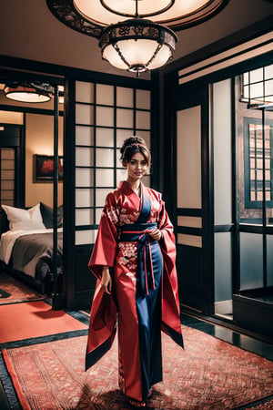 woman, decent, kimono, elegant, nice smile,masterpiece, cinematic lighting, indoors, 3d separation, volumetric lighting, elegant feminine pose, 5 fingers hand,Wabisabi,Interior